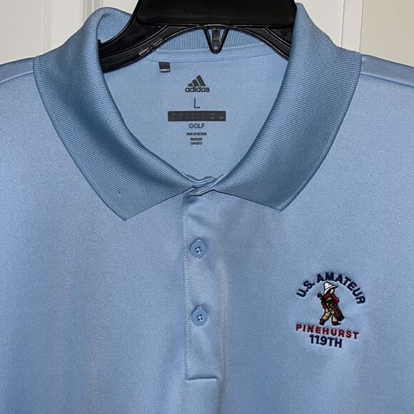 2019 Carolina Blue Adidas Pinehurst Putter Boy Golf Shirt-L 119 US Amateur Open - Picture 1 of 5